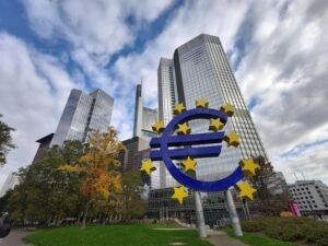 Euro Currency Monument in Front of Bank Buildings