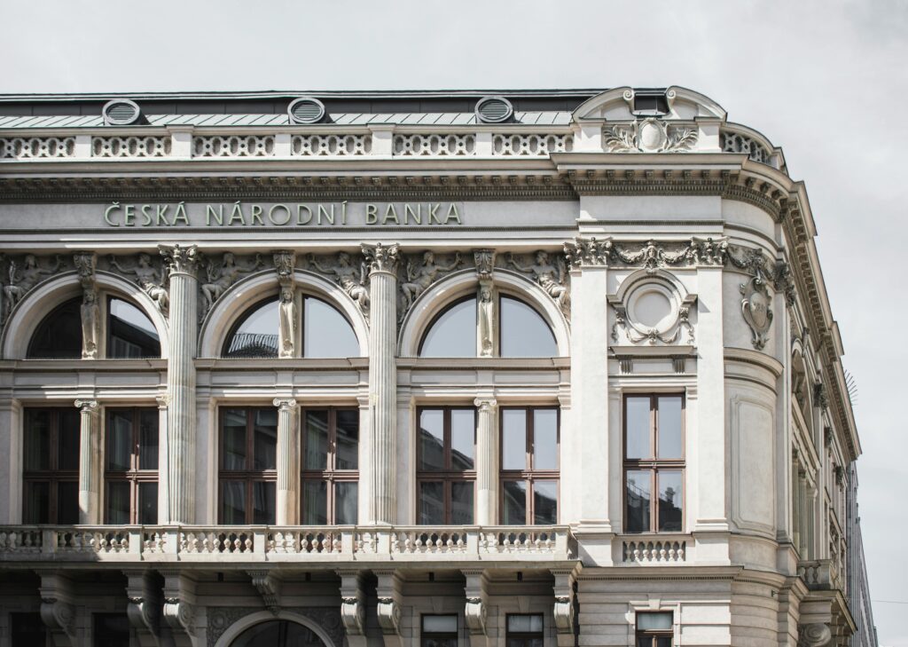 Elegant exterior of Česká Národní Banka showcasing classic architecture in Prague, Czech Republic.